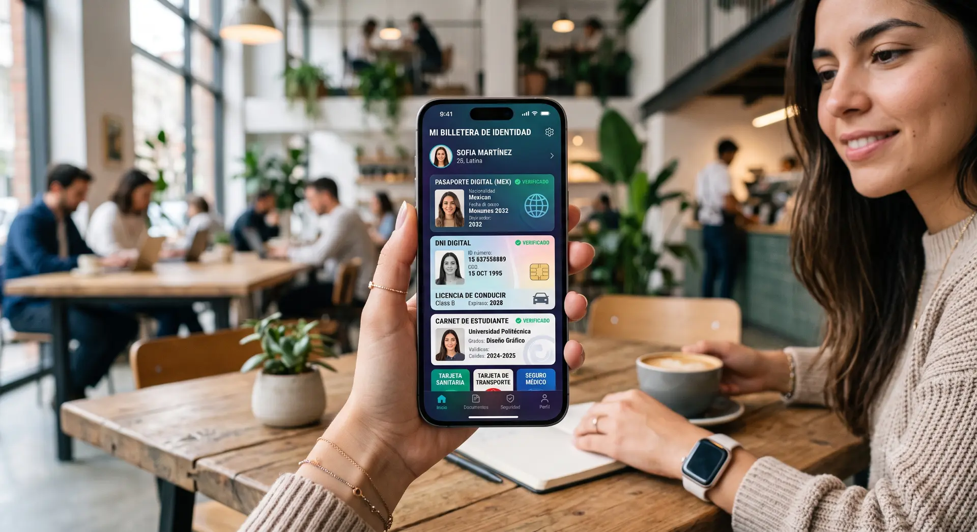 Usuaria mostrando su wallet de identidad digital con pasaporte, DNI y carnets verificados en el móvil